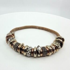 Vintage Y2K Mixed Metal Charm Slide Bracelet Mesh Band Rhinestone Pearl Accents
